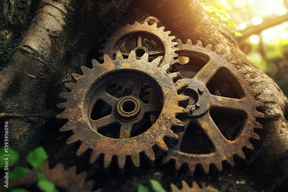 Poster rustic, interconnected gears nestled within a weathered tree, evoking themes of time and nature's pa
