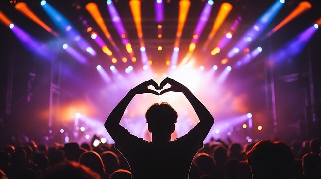 Heartwarming moment at a live concert with fan showing love under dazzling stage lights, capturing emotion, unity, and passion in an energetic music venue experience


