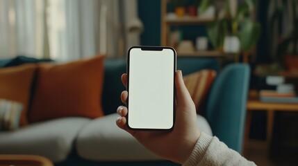 Modern Smartphone Mockup White Screen Blank Display Hand Holding Device Cozy Home Interior Background Comfortable Living Room Setting Relaxing        