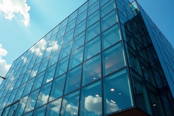 Obraz premium Glass pane facade of contemporary corporate building with geometric design, facade, windows