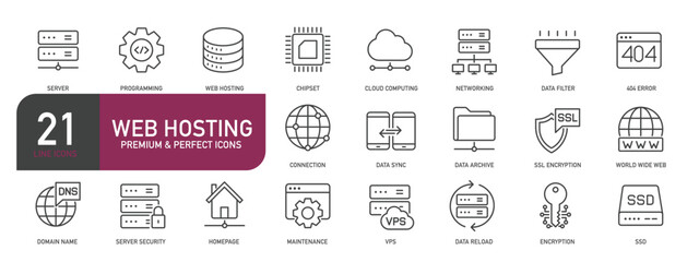 Set of line icons related to financial web hosting, server, cloud computing. Outline icons collection. Editable stroke. Vector illustration