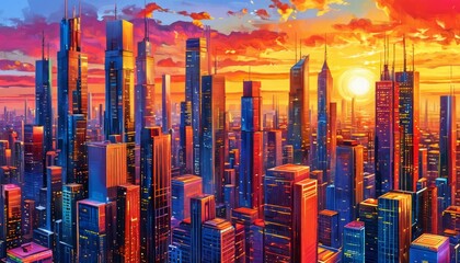 Golden rays illuminating sleek urban skyline, cutting dramatic shadows across gleaming architectural silhouettes with vibrant hues merging into twilight horizon