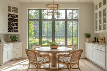 Light and airy dining room with large round white paper lanterns, rustic wood floors, and farmhouse-style decor.