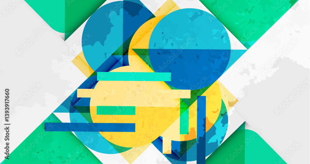 Poster abstract geometric composition. overlapping shapes create dynamic visual effect. blue, yellow, green
