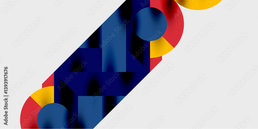 Poster abstract geometric composition. overlapping shapessquares, circlescreate dynamic diagonal pattern. p