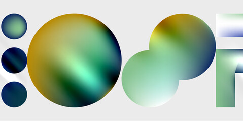 Abstract composition featuring overlapping colorful spheres. Gradient hues blend blues, greens, yellows creating soft visual effect. Minimalist design, light background.