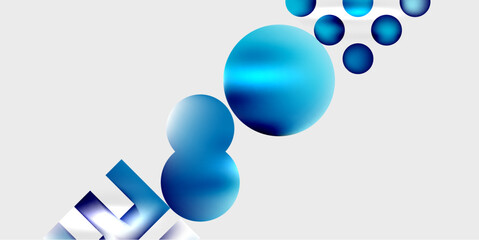 Abstract composition featuring blue spheres, varying sizes, gradient effect. Minimalist design, light gray background, dynamic arrangement. Modern aesthetic, clean lines, visual impact.