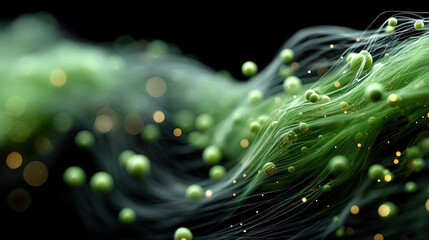 Neon Green Data Fractals with Liquid Motion Trails and Glowing Nodes in Abstract High-Tech Network

