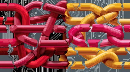 Illustration of Broken Red and Yellow Chains on Circuit Boards