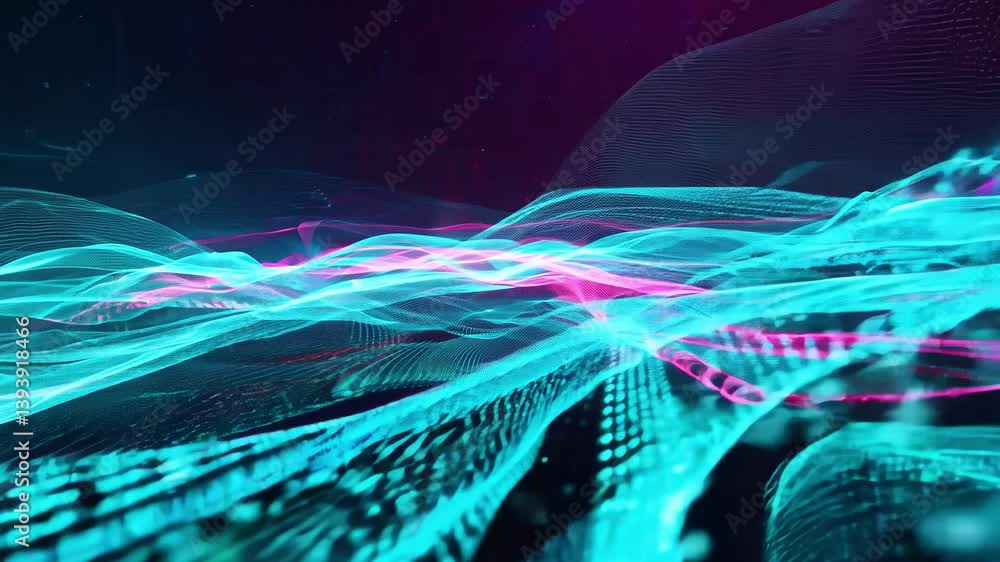 Poster tracking video moving alongside, colored gel lighting, interaction of cyan and magenta data streams 