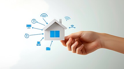 Hand holding a small house with tech icons surrounding it on a white background, smart home concept