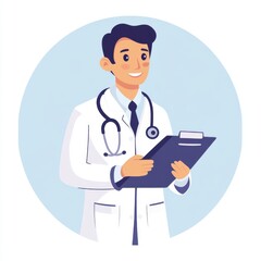 Fototapeta premium Healthcare and medical. Smiling Male Doctor in White Coat Holding Clipboard