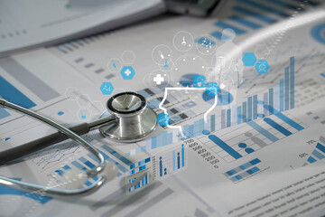 Healthcare professional analyzing medical reports Analyze Data Doctors use digital systems and...