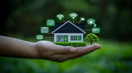 Hand holds tiny house amidst nature, surrounded by green tech icons symbolizing connection