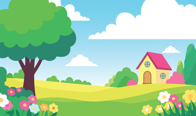 Fototapeta premium Beautiful Home House Building with Colorful Flowers Floral Garden Park Yard Landscape in Summer