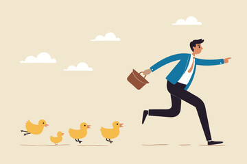 Leadership to lead team to success direction, employees follow manager guidance, domination or motivate staffs concept, confidence businessman leader pointing direction with following duckling.