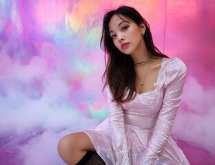 Elegant Pose: A young woman, radiating beauty, poses gracefully in a light pink dress against a soft, colorful backdrop of hues, and captivating the viewer.