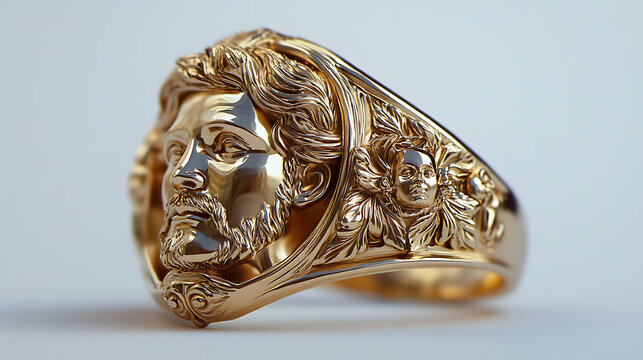 Detailed gold ring, man's head, intricate design, studio shot - Powered by Adobe