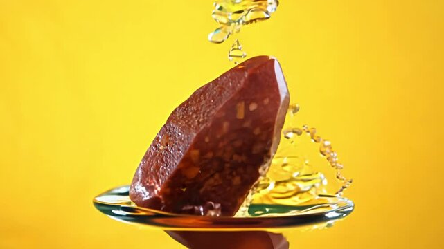 Super slow motion video of falling red jasper stone into water, isolated on bright yellow background, with natural light