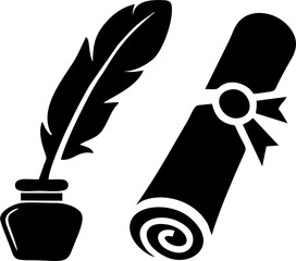 Vintage Education Icon: Quill, Inkwell & Diploma