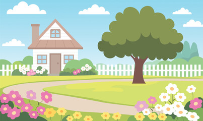 Fototapeta premium Beautiful Home House Building with Colorful Flowers Floral Garden Park Yard Landscape in Summer