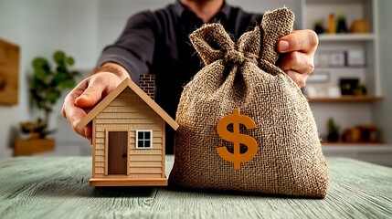 Hands hold miniature house and money bag. Investment for real estate, home loan, or housing market