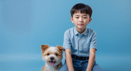chinese kid boy on blue plain bright background modern chic fashion pose  model portrait  portrait banner with copy space ad concept marketing