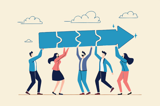 Team collaboration for success, teamwork or cooperation, employee participation or organization, partnership work together, career growth concept, business people employee connect arrow jigsaw puzzle.