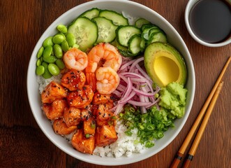 Colorful Poke Bowl with Shrimp Avocado and Tofu on Wooden Table