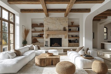 Upscale living room with white sofa, stone fireplace, built-in shelves, natural wood ceiling beams, and high-end interior design. Architectural Digest style.