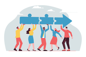 Naklejka premium Team collaboration for success, teamwork or cooperation, employee participation or organization, partnership work together, career growth concept, business people employee connect arrow jigsaw puzzle.
