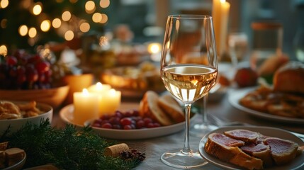 Naklejka premium Festive gathering featuring a glass of wine amidst a beautifully adorned table with candlelight and holiday decorations creates a cozy scene