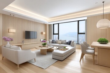 A realistic photo of a luxury hotel suite with panoramic views and elegant interior design