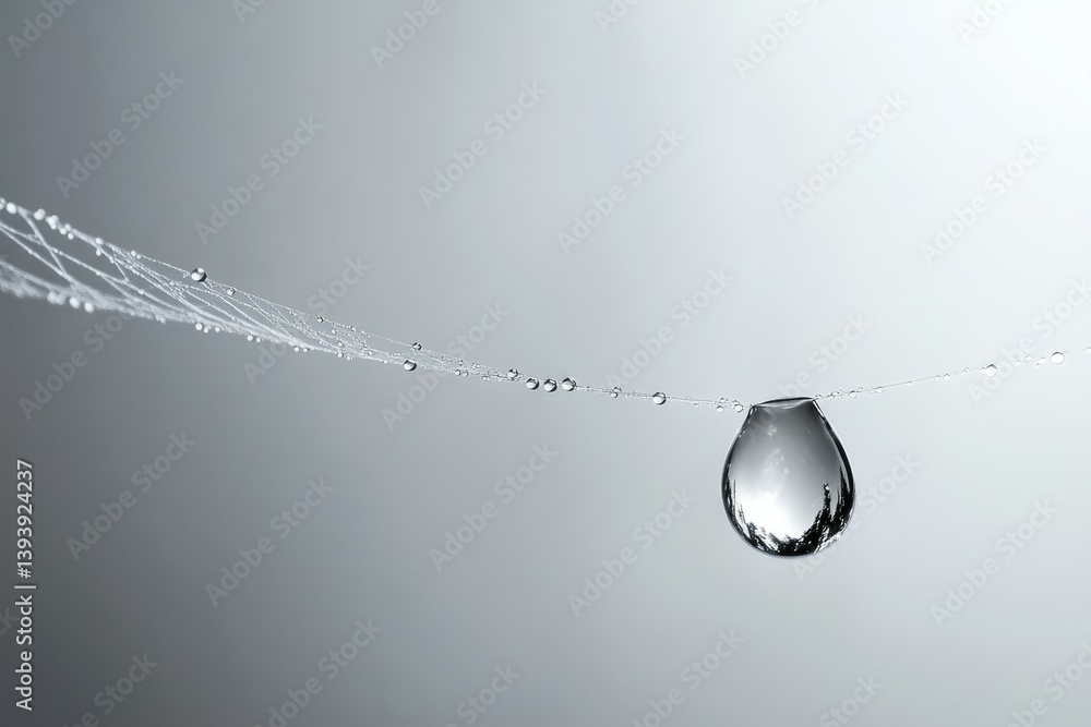 Poster a large water droplet hangs from a spiderweb adorned with smaller droplets, reflecting the environme