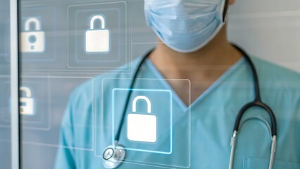 innovation technology medical data encryption, Healthcare professional in a mask with digital locks symbolizing security and privacy.