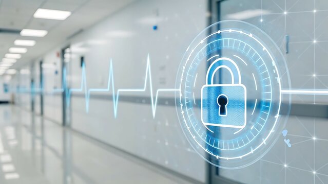 innovation technology medical data encryption, Digital representation of security in a modern healthcare corridor with a heartbeat graphic.
