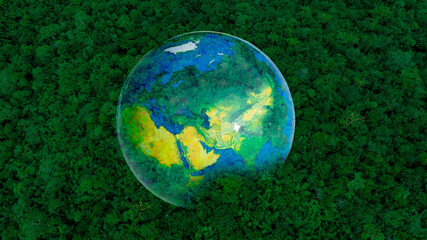 Atmospheric aerial view of the green forest with the earth Demonstrate the concept of preserving...