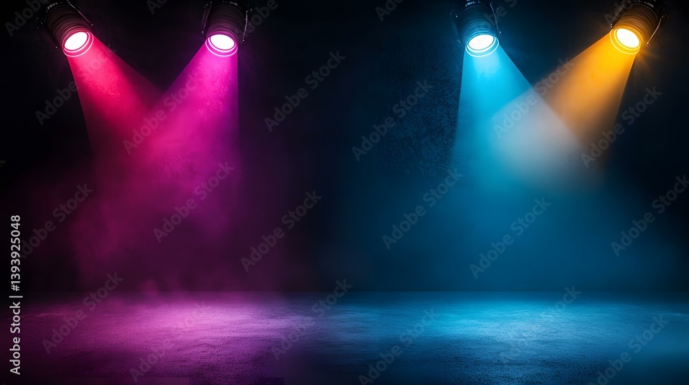 Poster the image shows a dark room with two sets of spotlights illuminating a concrete floor. one set casts