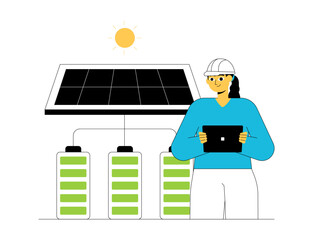 Solar panel experts regulate the system of electrical energy generated. Green energy illustration. Flat vector illustration concept.