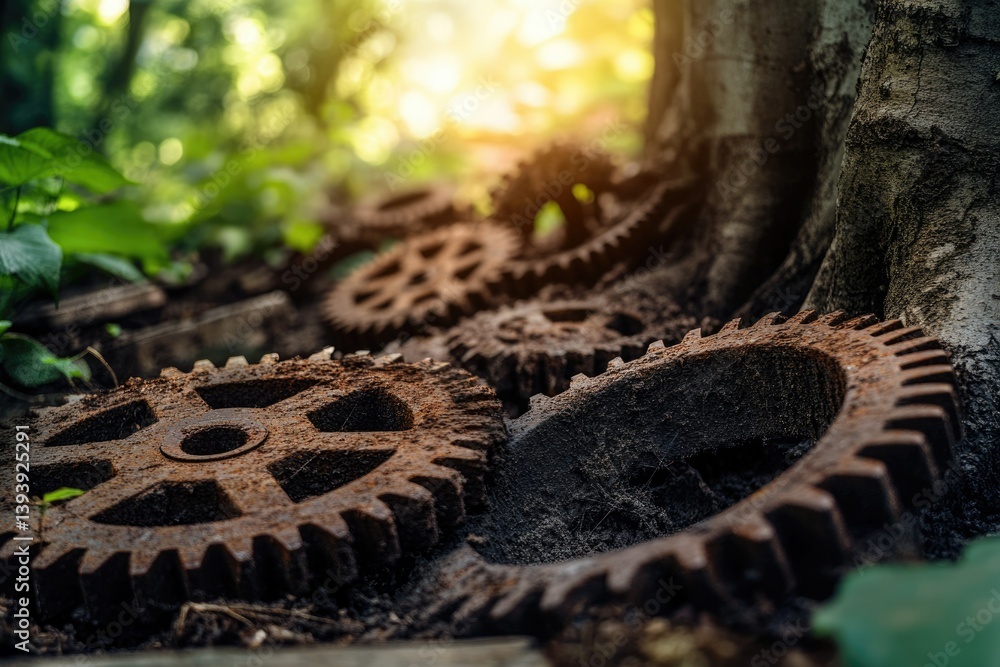 Poster rustic rusty gears nestled in a forest setting, bathed in sunlight, creating a serene and nostalgic 