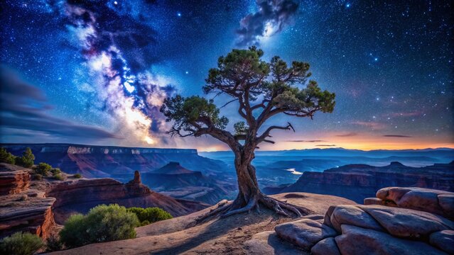 Majestic Milky Way Galaxy Over Juniper Tree at Dead Horse Point, Canyonlands National Park