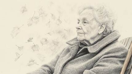 Elderly woman, pensive, outdoors, autumn leaves