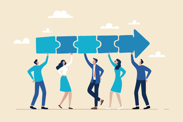 Team collaboration for success, teamwork or cooperation, employee participation or organization, partnership work together, career growth concept, business people employee connect arrow jigsaw puzzle.