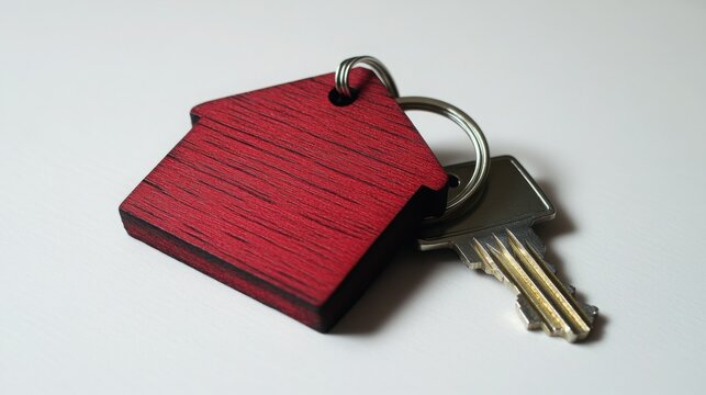Red Wooden House Keychain and Silver Key on White Background Product Shot - Powered by Adobe