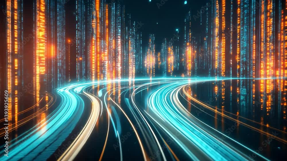 Poster digital highway: a dynamic abstract representation of a digital highway, with vibrant lines of light