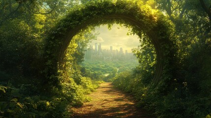 Fototapeta premium A dreamy portal framed by lush greenery leads to a distant cityscape evoking tranquility and the harmonious blend of nature and urban life