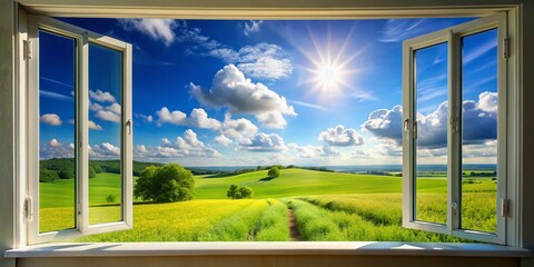 Fototapeta premium Serene Summer Day A Peaceful Landscape Viewed Through a Window Capturing the Idyllic Ambiance of a Sunny Day