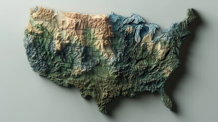 3D Topographic Map of the United States: Detailed Relief Model of US Geography, American Terrain Map - Bird's Eye View