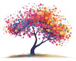 Colorful tree, vibrant flowers, white background, spring, nature, illustration, design