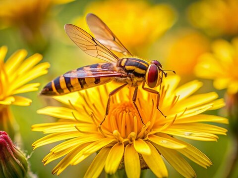 Marmalade Hoverfly on Yellow Rough Hawksbeard Flower - Spring in the Netherlands